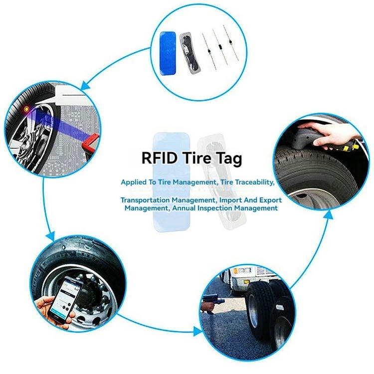 Grupa crnih gumenih RFID tagova za gume prikazana je zajedno kako bi se predstavila mogućnost veleprodaje za globalne proizvođače guma.
