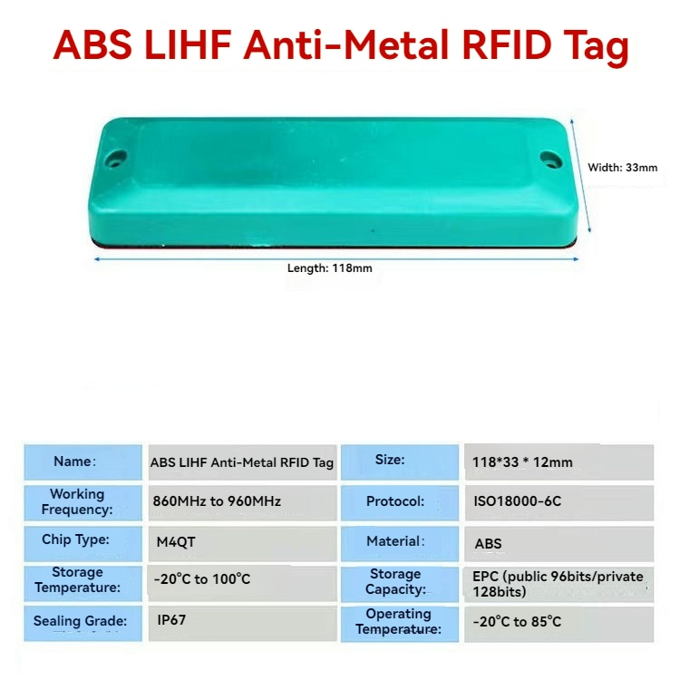 Industrijski ABS RFID tagovi za metalne površine za praćenje alata prikazani iz perspektive prozirne lepljive podloge za ABS RFID primene na metalnim površinama.