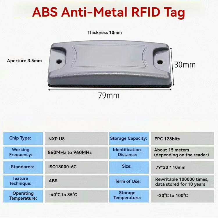 Ova slika prikazuje Industrijski ABS RFID tagovi za metalne površine za praćenje alata sa izdržljivim metalnim telom za ABS RFID primene na metalnim površinama.
