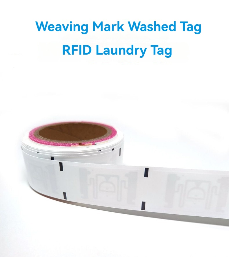 Rola RFID oznaka za tkanje koje se mogu prati prikazana je sa labavom trakom koja pokazuje format neprekidne proizvodnje za obeležavanje odeće.