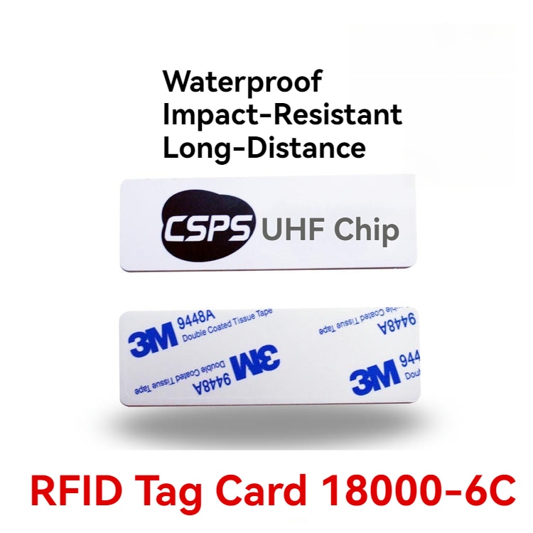 Ova promotivna slika PVC RFID viseće etikete prikazuje stranu sa UHF čipom i stranu sa lepkom u podlozi etikete.