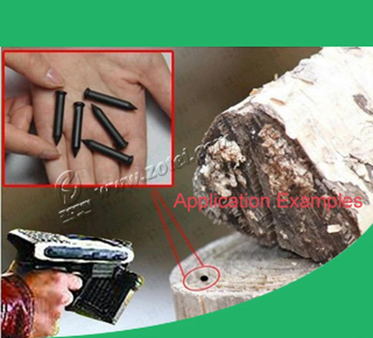 Slika primene prikazuje RFID oznake u obliku eksera NAIL06-4 za praćenje drvne građe zajedno sa ručnim čitačem i oznakom ugrađenom u drvo.