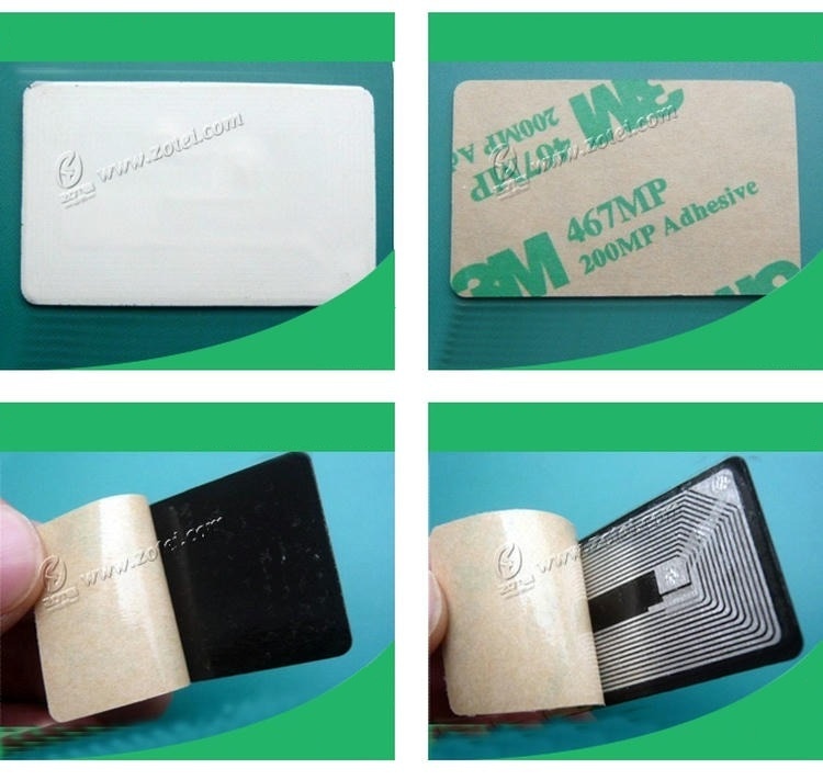 Kolaž prikazuje prednju stranu PVC RFID taga na metalu i 3M samolepljivu podlogu, kao i odlepljeni prikaz koji otkriva feritni sloj i NFC antenu.