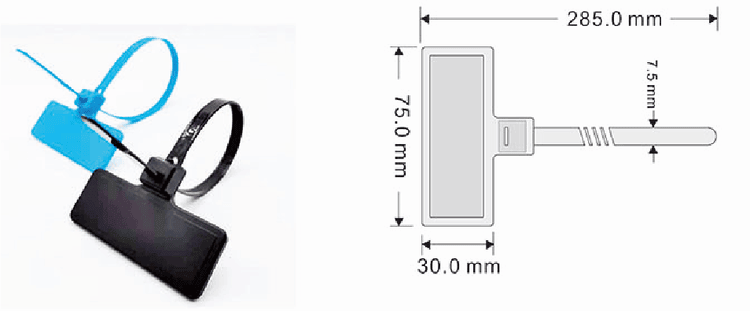 Fotografija i linijski crtež prikazuju RFID oznaku na vezici model Z28575-1 sa dužinom trake od 285 mm i dimenzijom glave za označavanje od 75 mm.