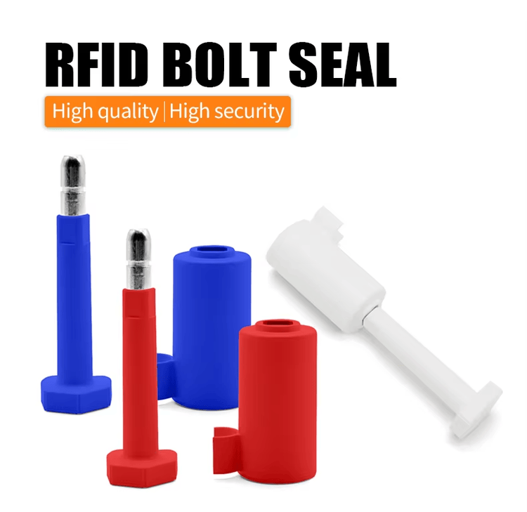 Poster sa oznakom RFID bolt seal prikazuje bele crvene i plave delove sigurnosne plombe SS8023-1 na svetloj pozadini.
