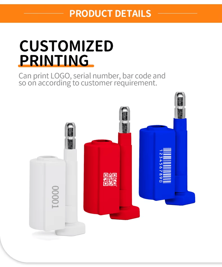 Poster za prilagođavanje prikazuje SS8023-1 RFID sigurnosne plombe sa primerima štampe serijskog broja, bar koda i QR koda.