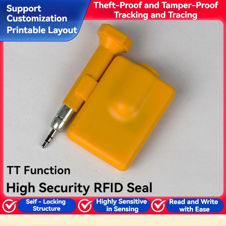 Poster proizvoda prikazuje žutu RFID sigurnosnu plombu SV-008 sa funkcijom TT i ključnim porukama o visokoj bezbednosti plombiranja.
