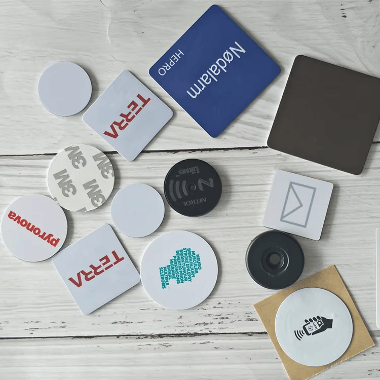 Mešani okrugli i kvadratni RFID coin tagovi raspoređeni su na drvenoj pozadini, uključujući štampane logotipe i prazne uzorke.