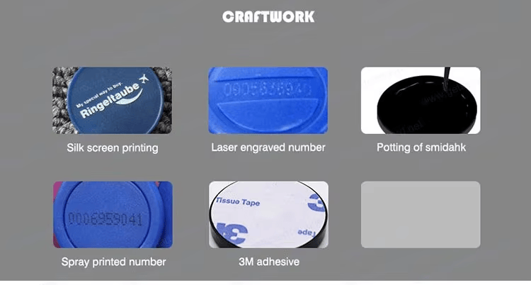 Panel sa izradom prikazuje sitotisak, lasersko graviranje, zalivanje smolom, sprej numerisanje i samolepljivu podlogu za RFID diskove.