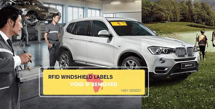 Banner slika prikazuje beli SUV i scenu servisa sa RFID oznakama za vetrobransko staklo i žutom panelom VOID IF REMOVED za kontrolu vozila.
