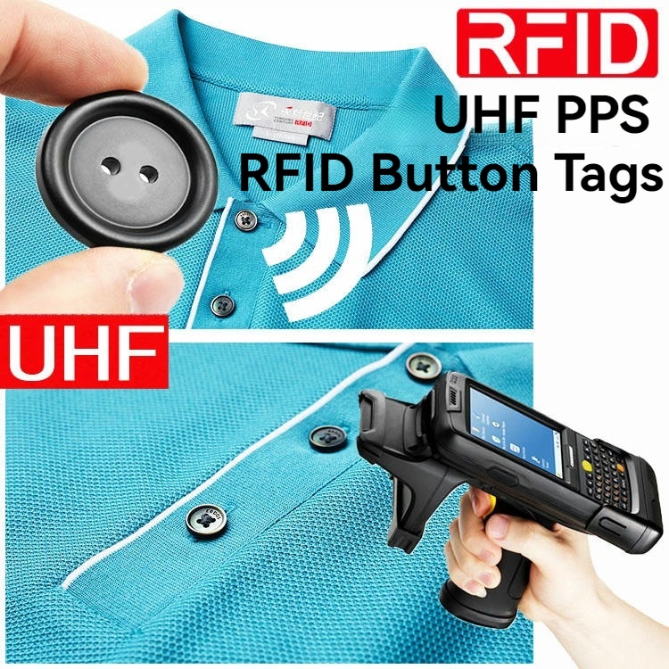 Antena RFID čitača je postavljena u industrijskom okruženju praonice i prikazuje kako se PPS14-B oznake skeniraju za automatizovano upravljanje inventarom.