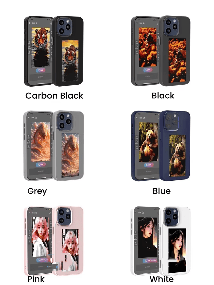 Paleta boja prikazuje više opcija NFC maski za telefon s E Ink ekranom na poleđini u nekoliko završnih obrada.
