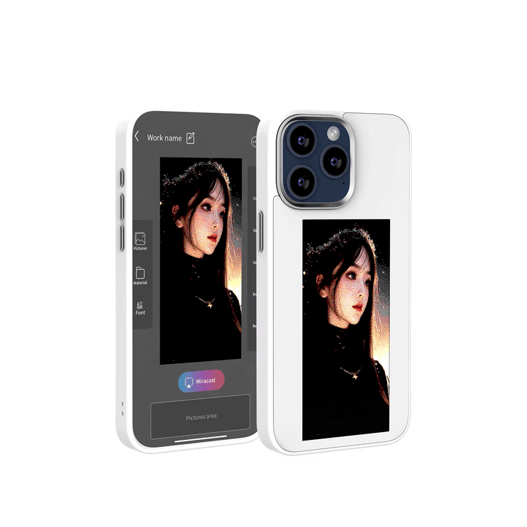 Bela NFC maska za telefon prikazana je sa prednje i zadnje strane da istakne E Ink prozor displeja i otvor za kameru.