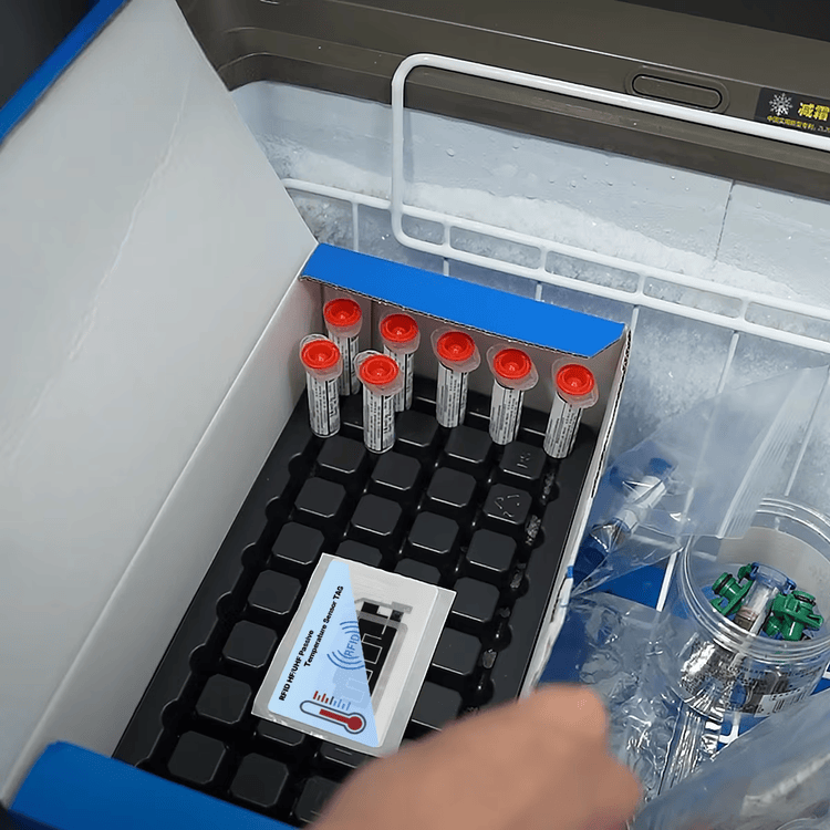 Ova slika prikazuje temperaturnu RFID nalepnicu koja se koristi u rashlađenom kontejneru za uzorke radi podrške sledljivom hladnom lancu.