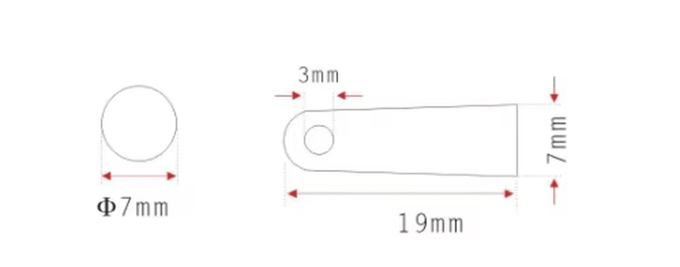 Crtež dimenzija prikazuje RFID bullet tube tag model SV-005 sa položajem rupe i ukupnom dužinom za identifikaciju stabala i alata.