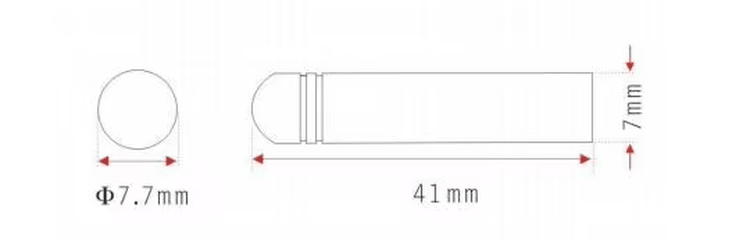 Crtež dimenzija prikazuje RFID bullet tube tag model SV-006 sa prečnikom i dužinom za odabir odgovarajuće veličine bušenja drveta.