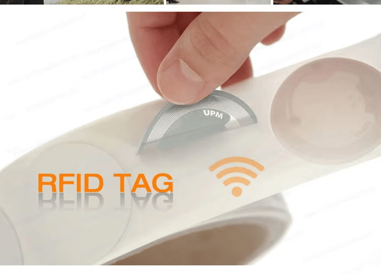 Grafički poster prikazuje ilustraciju RFID taga sa simbolom bežičnog signala iznad zaobljene bele površine.