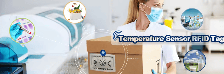 Ova slika prikazuje baner za medicinsku logistiku sa RFID etiketom sa temperaturnim senzorom nalepljenom na transportnu kutiju u laboratorijskom okruženju.