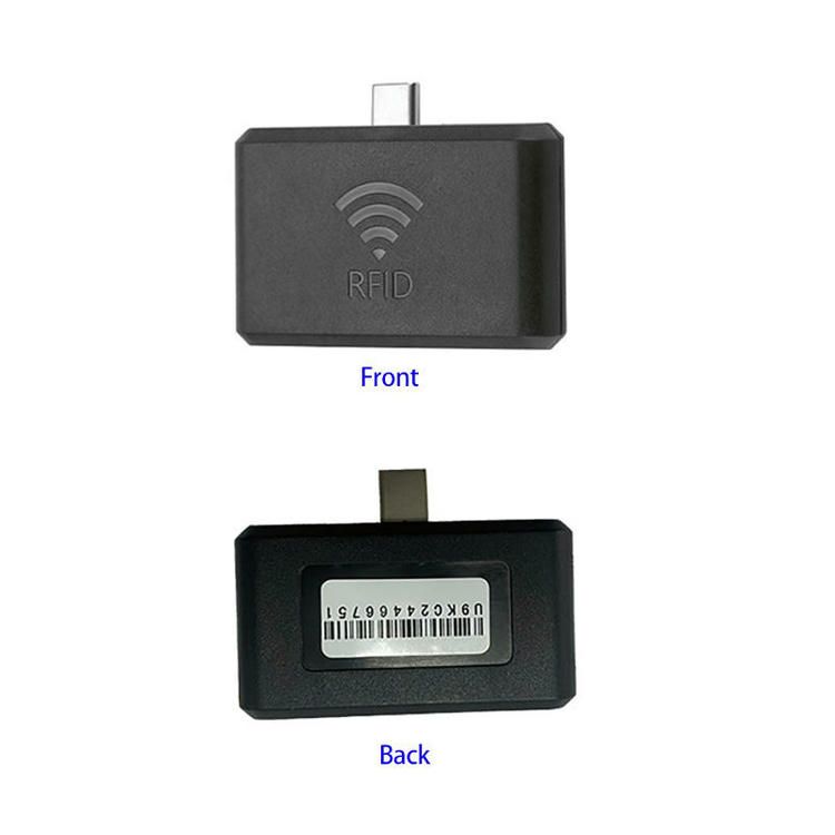UHF RFID mobilni čitač ZK-RFID-9KC prikazan je spreda i otpozadi kako bi se videli Type-C priključak i polje sa nalepnicom bar-koda.