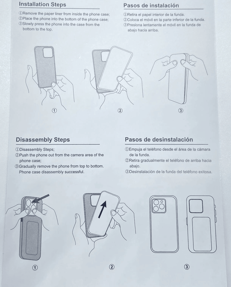 Uputstvo prikazuje korake za montažu i uklanjanje NFC futrole za telefon u jasnim linijskim crtežima.