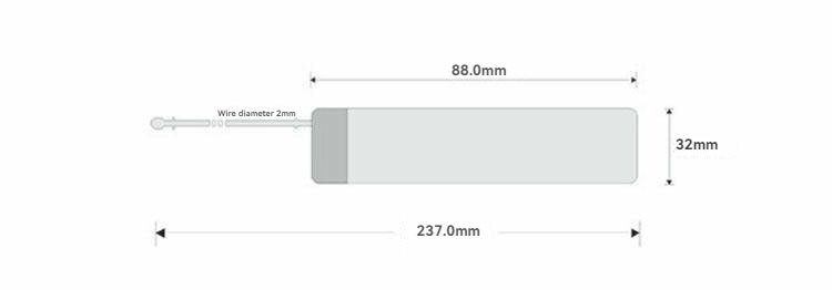 Dimenzionalni dijagram prikazuje RFID viseću etiketu za odeću sa telom dužine 88 mm, širine 32 mm i ukupnom dužinom od 237 mm.