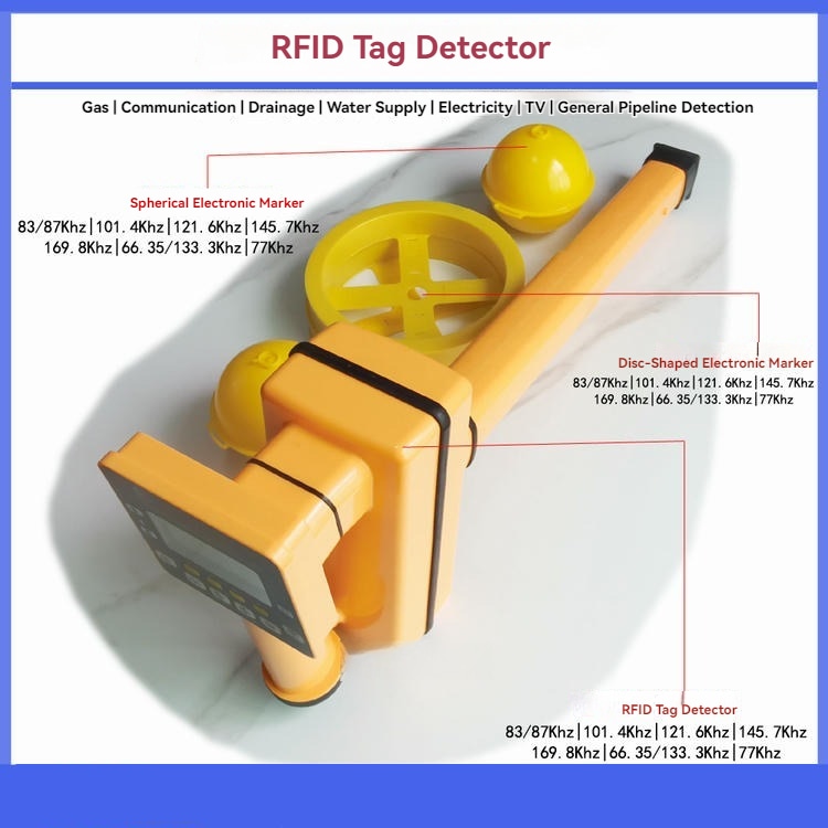 Ova slika prikazuje RFID detektor tagova sa ED2000 disk i sfernim markerima za aplikacije lociranja podzemnih instalacija.