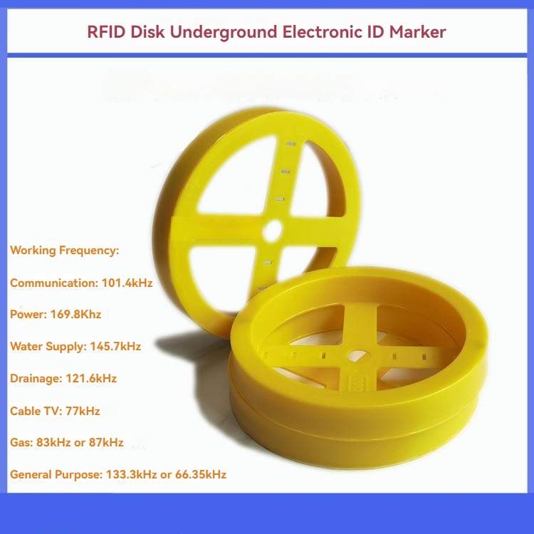 ED2000 podzemni elektronski ID marker je prikazan sa referencama radne frekvencije za komunikacije, vodu, gas, drenažu i napajanje.
