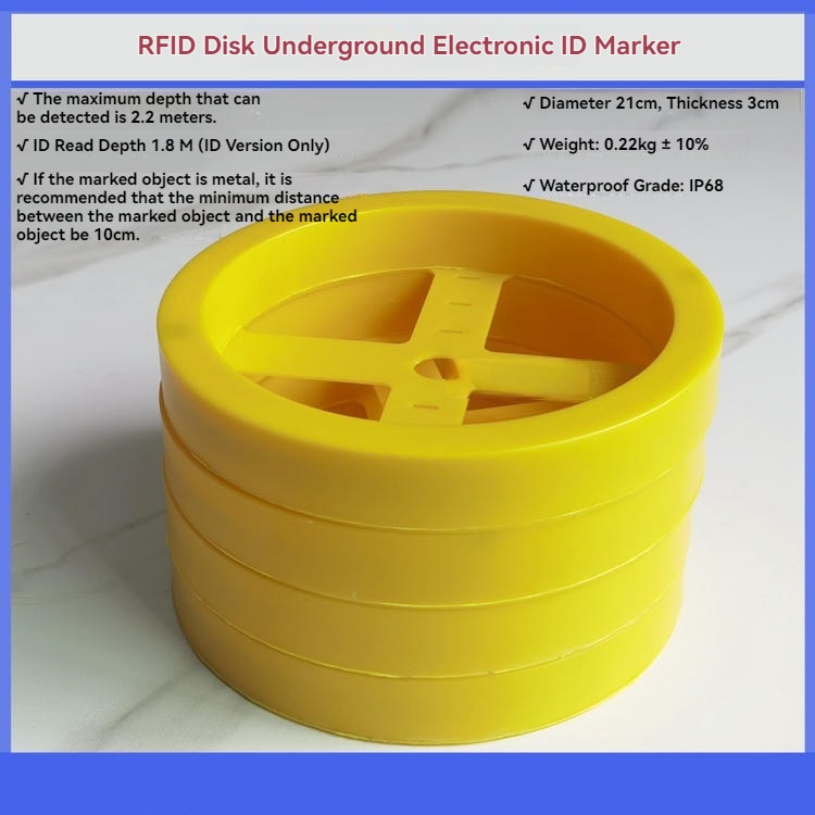 Složena grupa ED2000 podzemnih RFID disk markera je prikazana sa informacijama o veličini, klasi vodootpornosti i dubini detekcije.