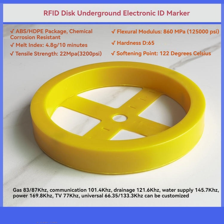ED2000 podzemni RFID disk marker je predstavljen sa napomenama o materijalu kućišta i mehaničkim svojstvima za terensku instalaciju.