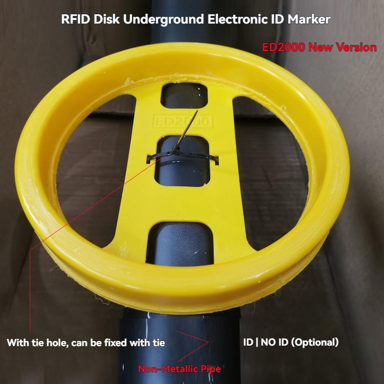 ED2000 podzemni elektronski ID marker je pričvršćen na nemetalnu cev radi prikaza direktno ukopane instalacije.