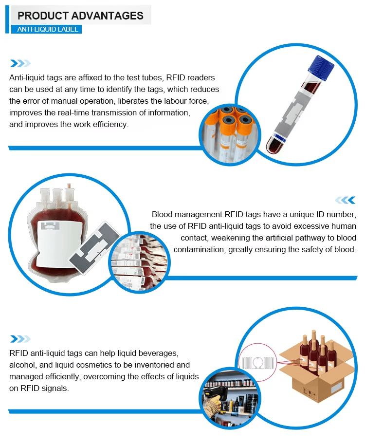 Prilagođene On-Liquid RFID nalepnice za boce sa tečnošću prikazane su sa fokusom na lepljivoj podlozi za projekte On-Liquid RFID nalepnica.