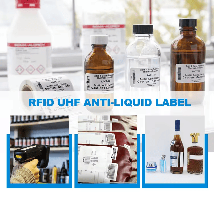 Prilagođene On-Liquid RFID etikete za boce sa tečnošću prikazane na metalnoj površini za kupce koji upoređuju rešenja On-Liquid RFID etiketa.