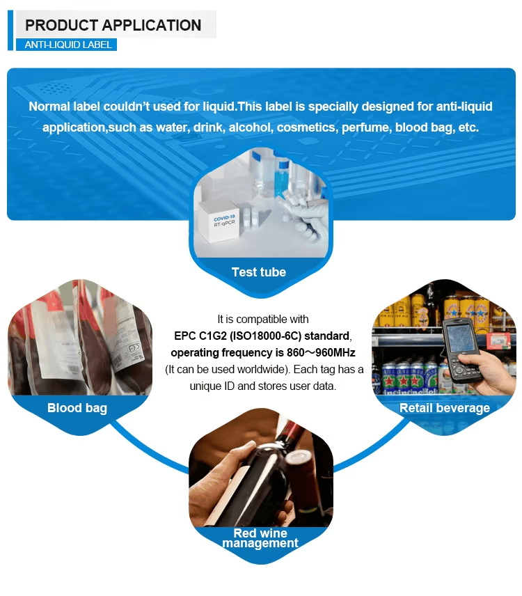 Fotografija proizvoda Prilagođene On-Liquid RFID nalepnice za boce sa tečnošću prikazuje praćenje u skladištu u kategoriji On-Liquid RFID nalepnica.