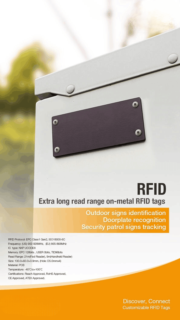 PCB RFID oznaka za metalne površine dugog dometa za praćenje imovine prikazana iz perspektive jasno graviranog logotipa za primene PCB RFID oznaka za metalne površine.