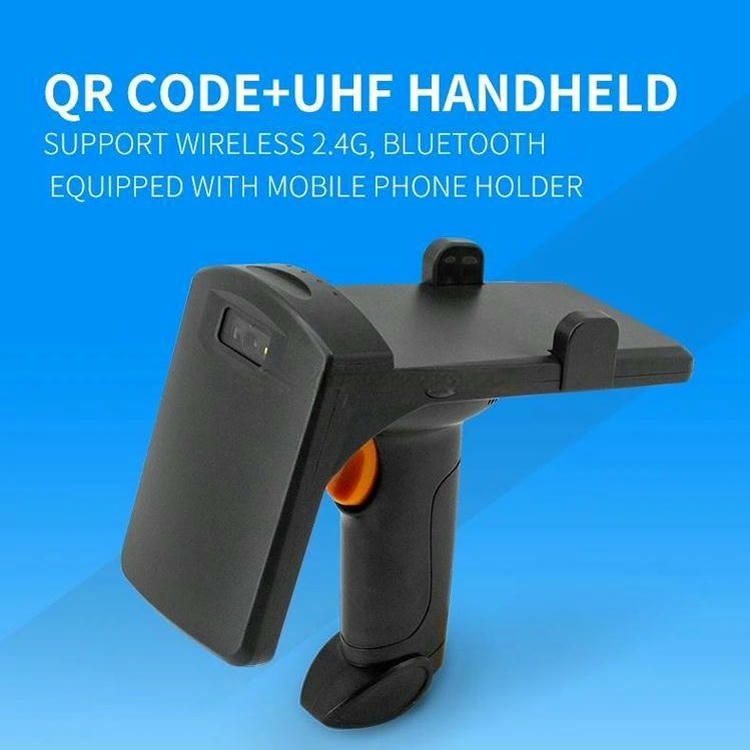 Pogled spreda na prenosivi Bluetooth UHF skener R12 prikazuje ugrađenu antenu visokih performansi i prozor za skeniranje bar-kodova.