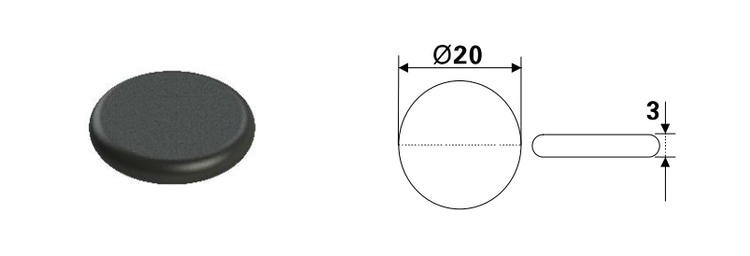 Crtež dimenzija PPS RFID okrugle oznake modela PPSD20-1 prikazuje prečnik od 20 mm i debljinu od 3 mm za ugrađivanje u uske metalne alate.
