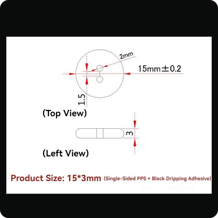 Dimenzijski dijagram prikazuje PPS RFID perivi tag PPSD15-1 veličine 15 mm x 3 mm sa dva otvora za ušivanje u etikete i uske šavove.