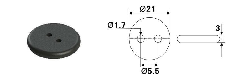 Crtež dimenzija prikazuje PPS RFID ušivnu etiketu PPSD21-1 prečnika 21 mm i debljine 3 mm sa dva otvora za ušivanje, za upotrebu u vešu.