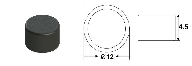 Grafički prikaz dimenzija pokazuje PPS RFID tag PPS12-1 prečnika 12 mm i debljine 4.5 mm za ugrađivanje na kompaktne metalne uređaje.