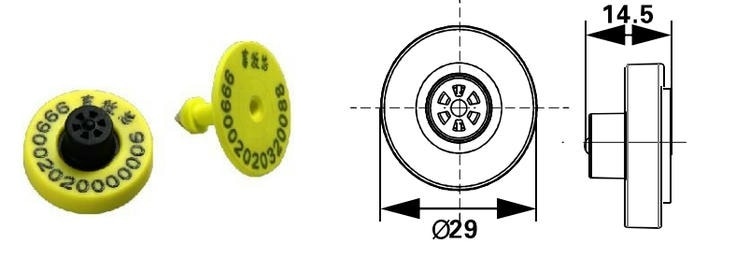 Ovaj tehnički dijagram prikazuje detaljne dimenzije i strukturni dizajn E003 RFID markice za identifikaciju životinja