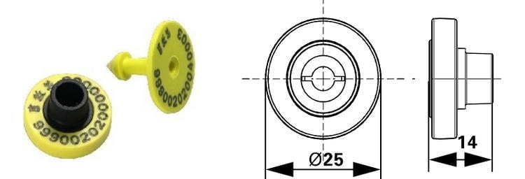 Tehnički crtež dimenzija ilustruje specifikacije veličine D25 x 14mm E010 višekratne identifikacione oznake za životinje za farme.