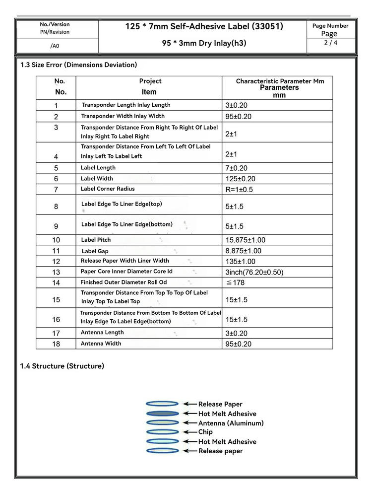 Ovaj inženjerski list prikazuje tolerancije dimenzija i slojevitu strukturu konstrukcije RFID etikete za knjige.