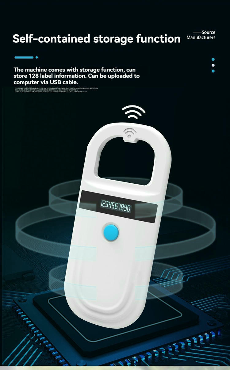 Grafički prikaz funkcija prikazuje FS-180 RFID čitač sa sopstvenom memorijom koja može da sačuva ID oznake etiketa za kasniji prenos putem USB-a.