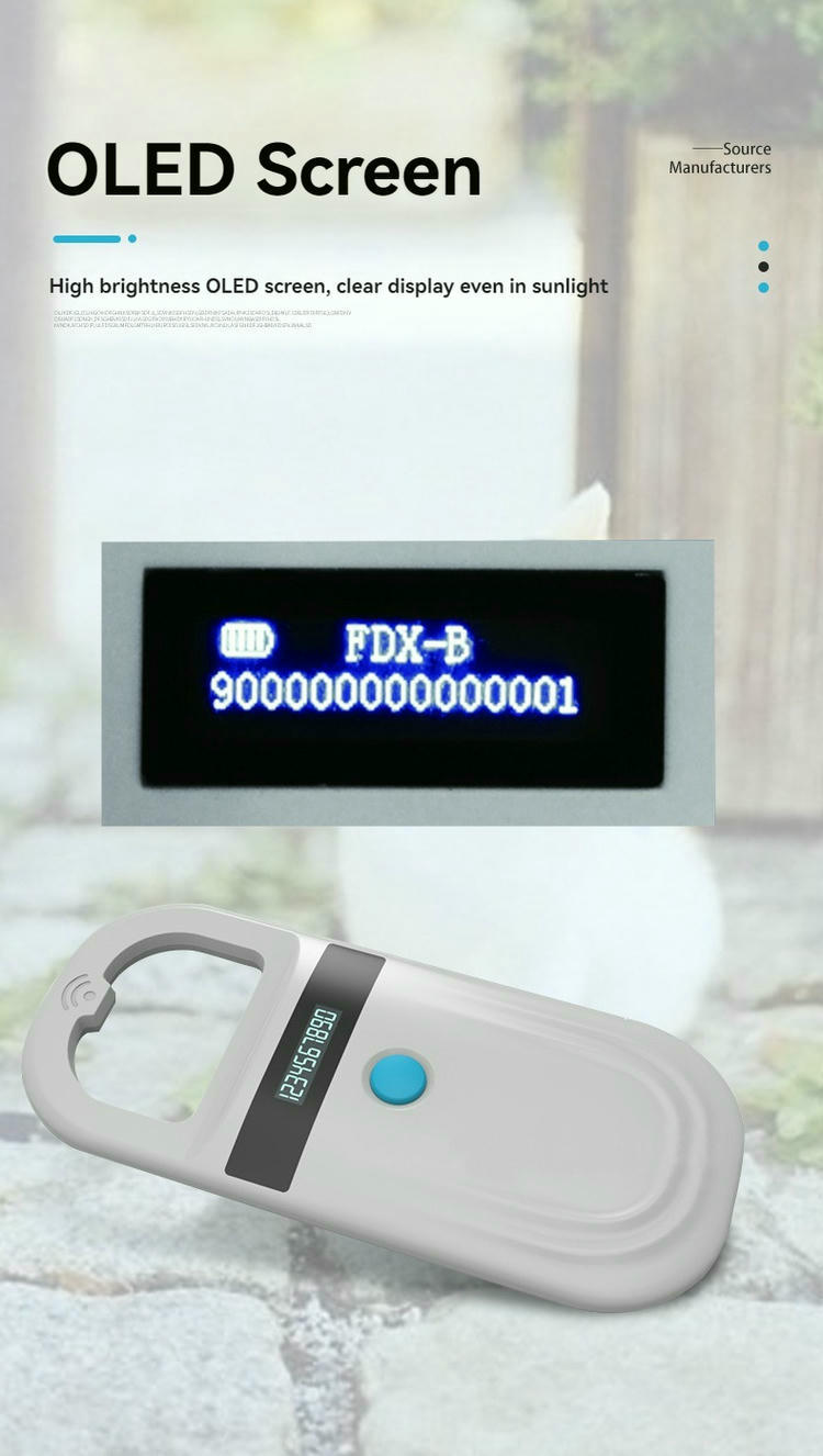 Demo prikaz OLED ekrana prikazuje FDX-B cifre dok FS-180 ručni čitač leži ravno kako bi se istakla jasna vidljivost ekrana.