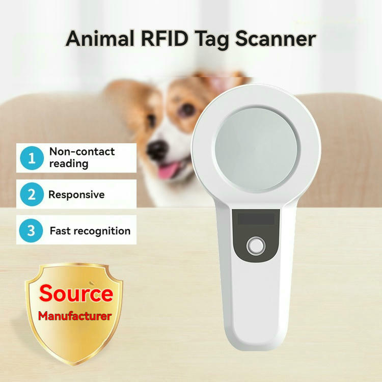 Poster karakteristika prikazuje skener RFID oznaka za životinje FS-200 sa pozadinom psa i ističe beskontaktno očitavanje i brzo prepoznavanje.