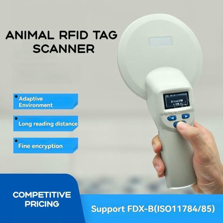 Plakat ručnog RFID čitača oznaka za životinje FS-A03 ističe veliki domet očitavanja i podršku za FDX-B ISO11784 85 za farme