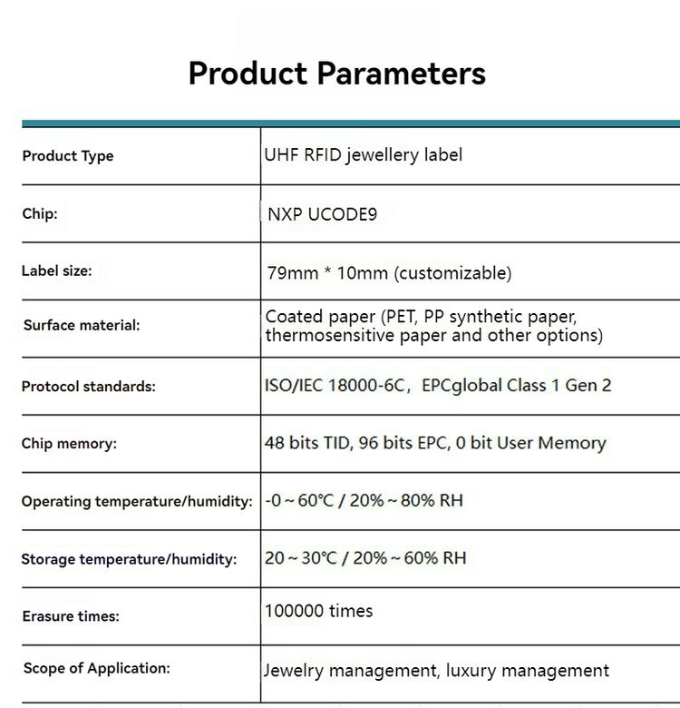 Ovaj grafikon parametara prikazuje veličinu čipa, materijal, protokol, memoriju i detalje o primeni RFID etikete za nakit.
