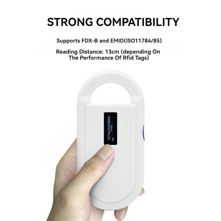 Slika ručnog LF RFID čitača PT160 od 134.2kHz ističe kompatibilnost sa FDX-B i EMID i navedenu udaljenost očitavanja od oko 13 cm.