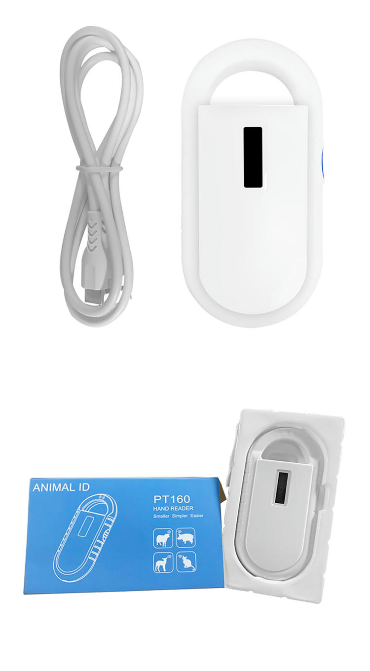 Slika pakovanja PT160 obuhvata USB kabl, štampanu kutiju i plastičnu tacnu kako bi se prikazalo šta se dobija uz 134.2kHz ručni RFID čitač.