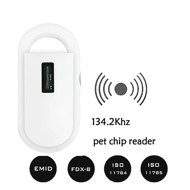 Grafika LF RFID čitača čipova za ljubimce PT160 od 134.2kHz prikazuje oznake protokola EMID i FDX-B kao i ISO11784 i ISO11785 ispod uređaja.